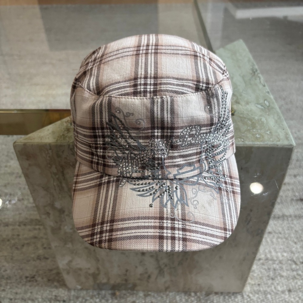 Harley Davidson Cadet Hat Womens OS Tan Plaid Excellent Rhinestone Eagle Cap
